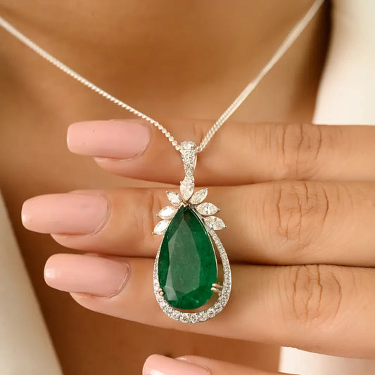 Unique Designer 9.38 ct. Emerald & Diamond Teardrop Pendant 18K White Gold Bold Jewelry
