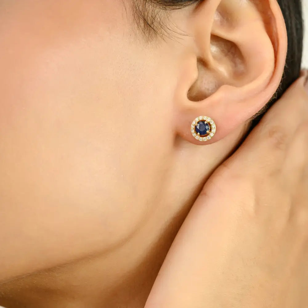 Simple Design 14K Solid Gold Blue Sapphire & Diamond Round Shape Halo Stud Earrings
