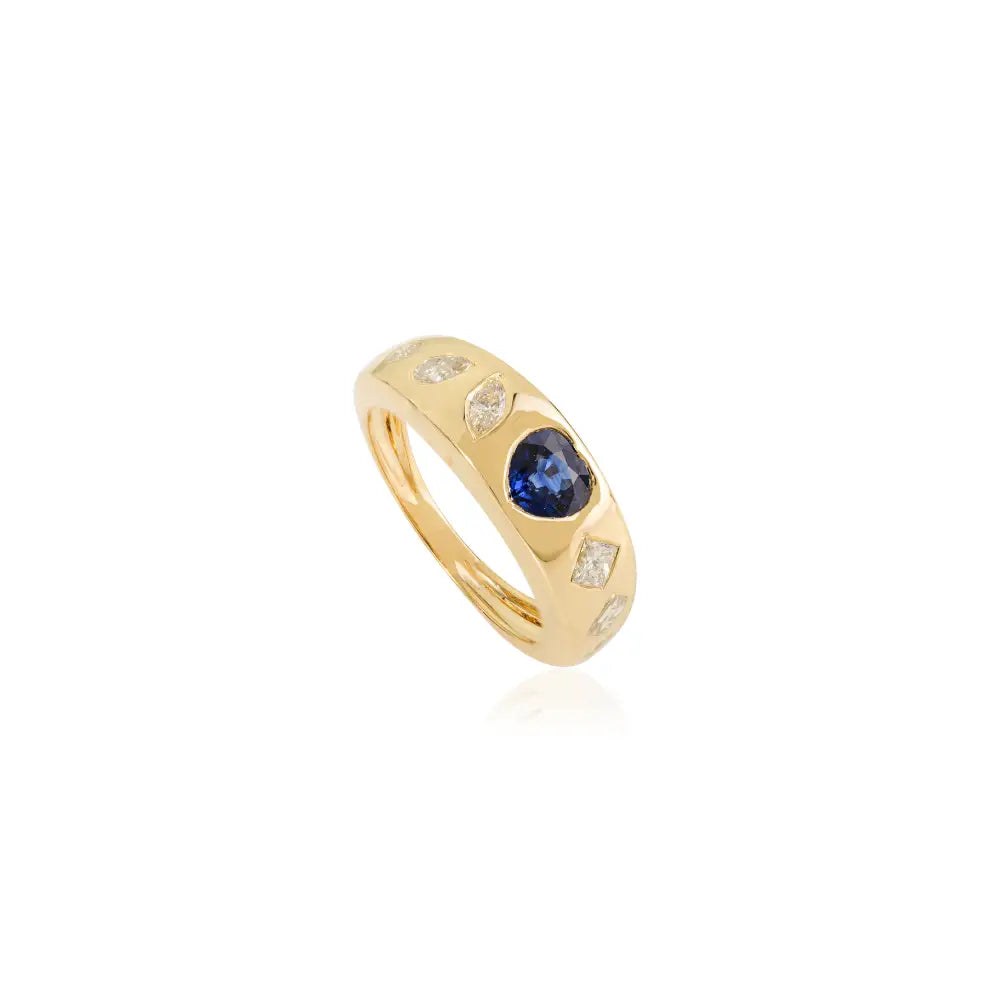 Heart Shape Blue Sapphire & Diamond Gypsy Set Signet Ring Solid K18 Yellow Gold Trendy Jewelry