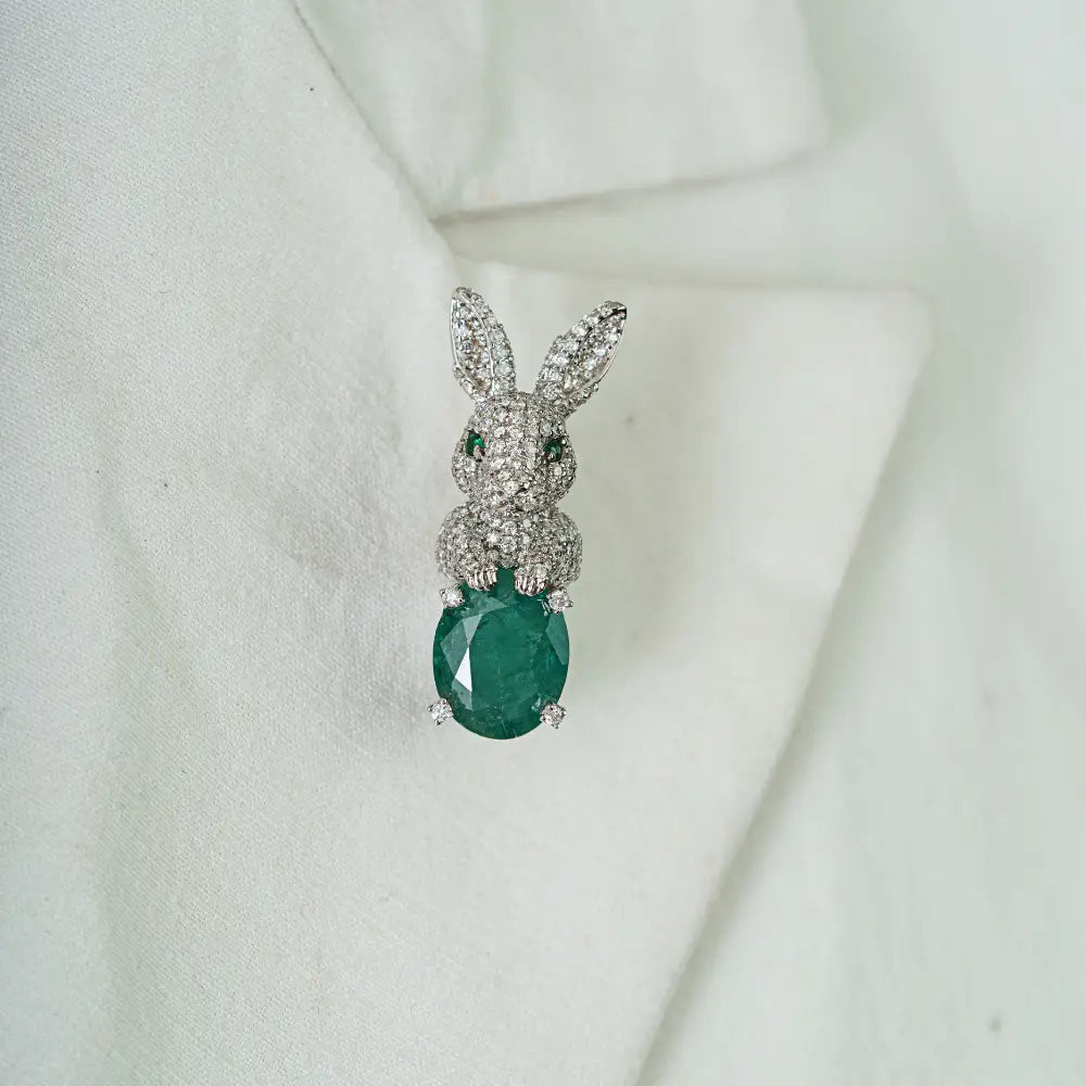 Unique Design Handmade Emerald & Diamond 14K White Gold Bunny Rabbit Brooch For Men