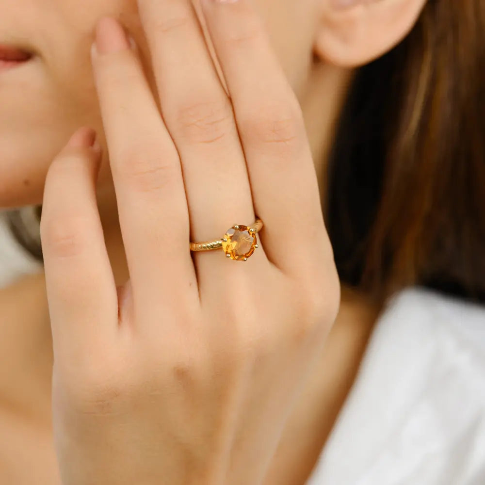 Citrine Round Cut Gemstone Ring November Birthstone 14K Yellow Solid Gold