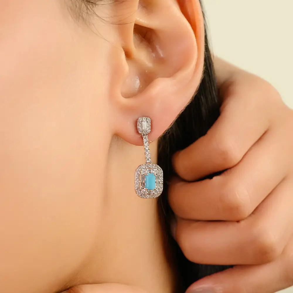 Turquoise & Diamond Convertible Stud-and-Drop Earrings For Women 14K Solid White Gold