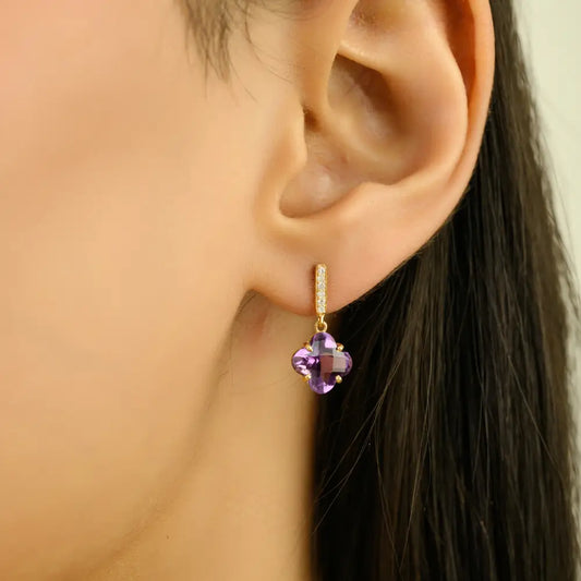 Amethyst & Diamond Four Leaf Clover Shape Drop Earrings K14 Yellow Gold Daily Wear Jewelry
