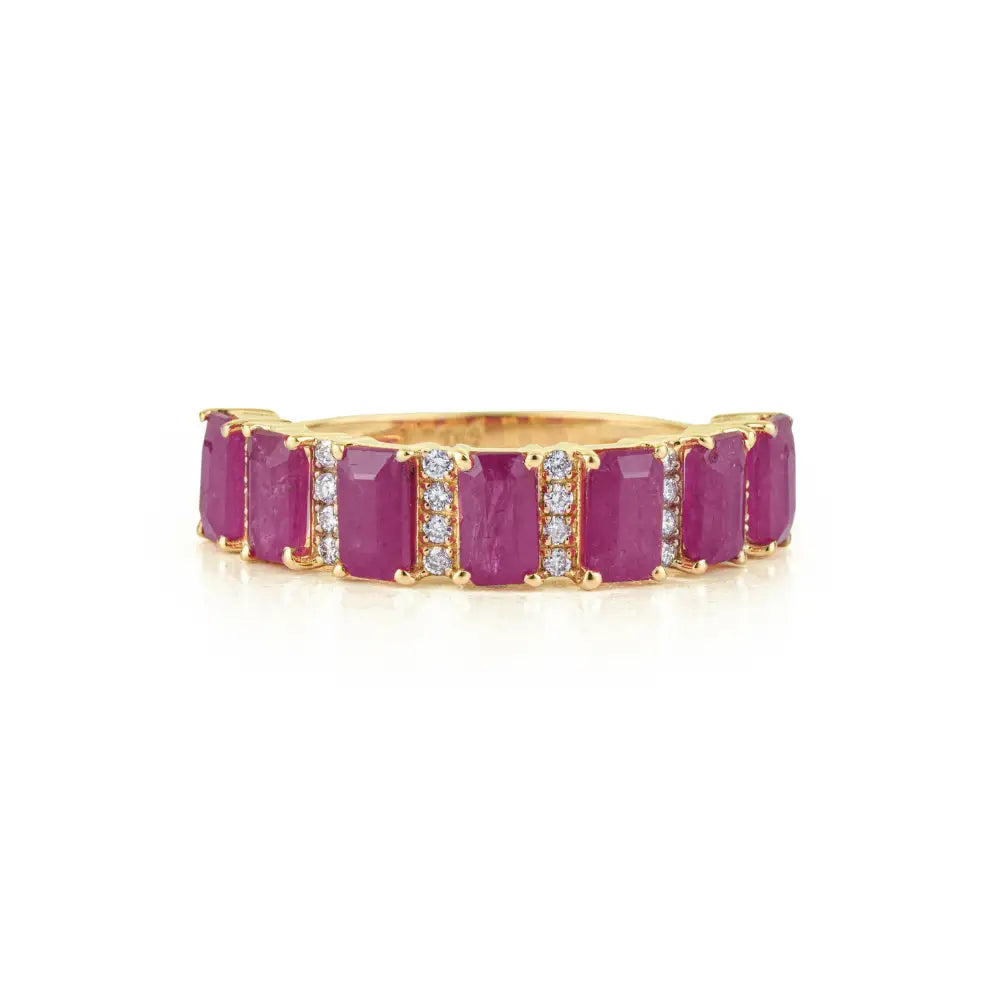5x3mm Octagon Cut Ruby & Diamond Half Eternity Band Engagement Ring K14 Yellow Gold