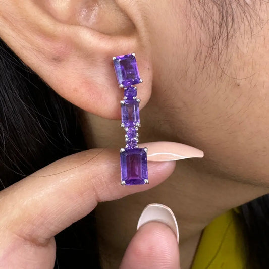 100% Authentic Purple Amethyst Dangle Earrings 925 Sterling Silver Jewelry