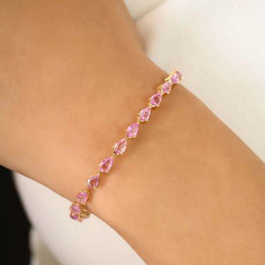 Simple Design Pink Sapphire K14 Yellow Gold Box Lock Tennis Bracelet Gemstone Jewelry