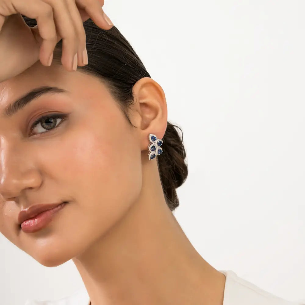 Unique Design Blue Sapphire & Diamond 14K Solid White Gold Wings Shape Halo Stud Earrings