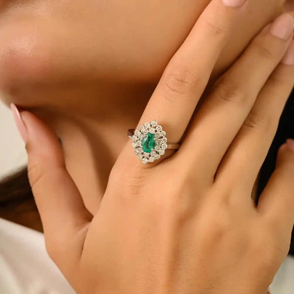 18K Solid White Gold Vintage Style Emerald & Diamond Double Cluster Ring Engagement Jewelry