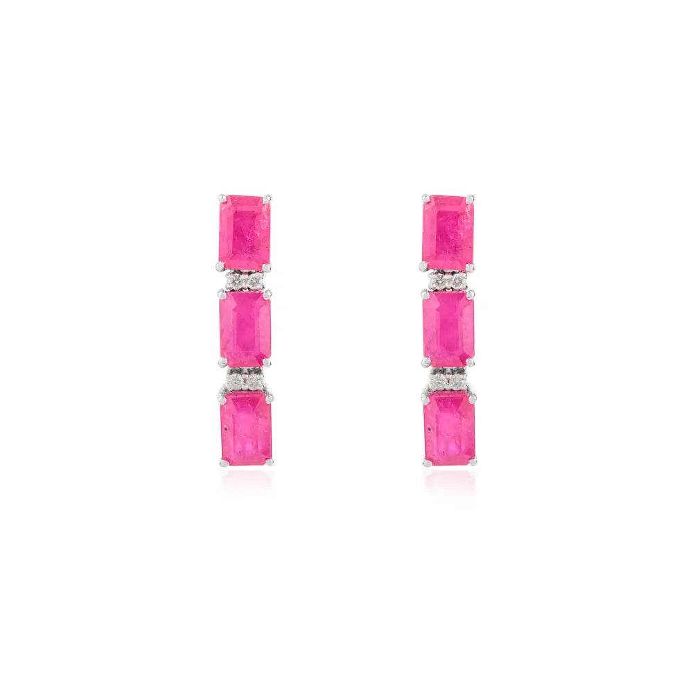 Precious Gemstone 4x6mm Octagon Cut Ruby & Diamond Drop Earrings 14K Real White Gold