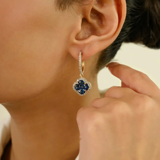 4.55 Ct. Blue Sapphire Gemstone & Diamond Clover Hoop Charm Drop Earrings 14K Gold