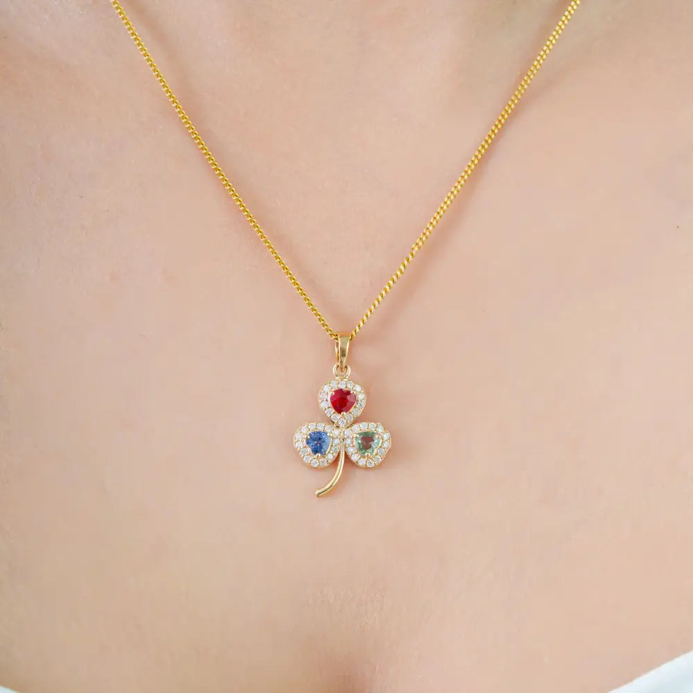 Heart Shape Multi Sapphire Gemstone & Diamond 14K Yellow Gold Three Leaf Clover Pendant