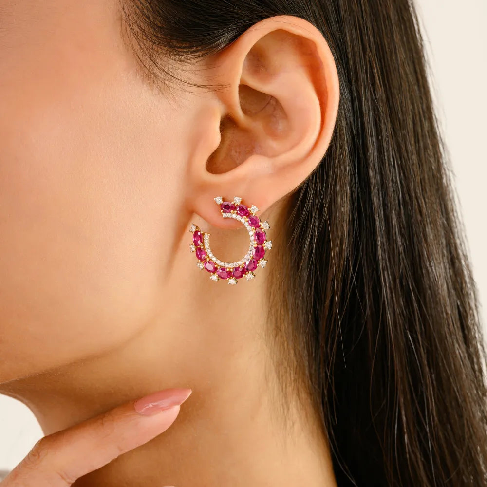 Statement Jewelry Ruby & Diamond Half Circle Wedding Earrings Handmade 14K Yellow Gold
