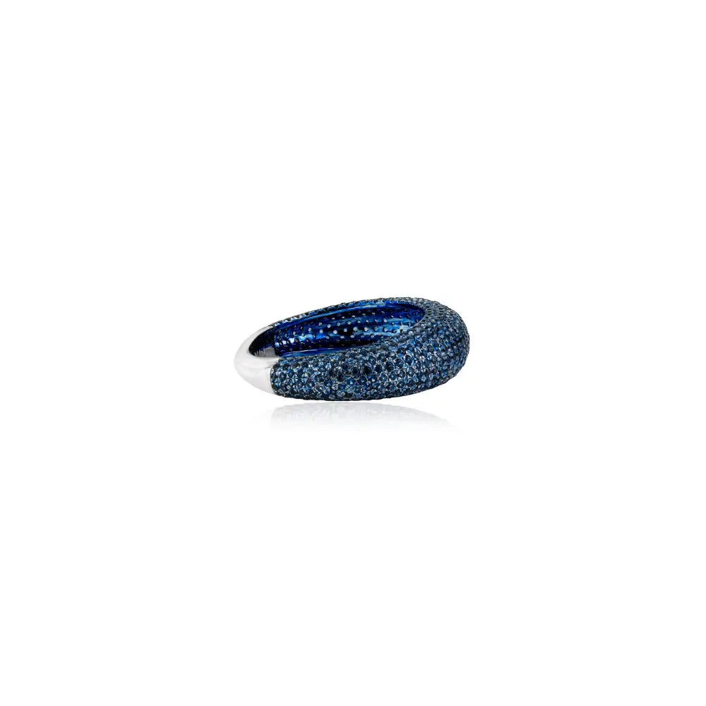 Full Pave Set Blue Sapphire 14K Solid White Gold Chunky Dome Ring For Unisex Custom Jewelry
