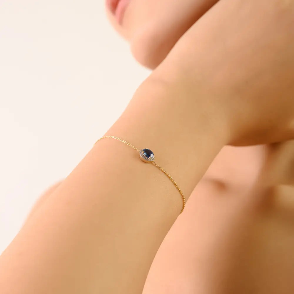 Good Quality Blue Sapphire & Diamond Solitaire Halo Gemstone Bracelet 14K Yellow Gold Jewelry