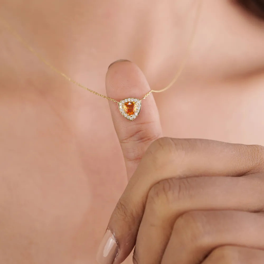 Semi Precious Gemstone Trillion Cut Citrine & Diamond Halo Pendant Necklce Minimal Jewelry 14K Real Yellow Gold