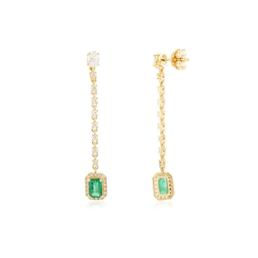 Long Solid K18 Yellow Gold Emerald & Diamond Dangle & Drop Earrings