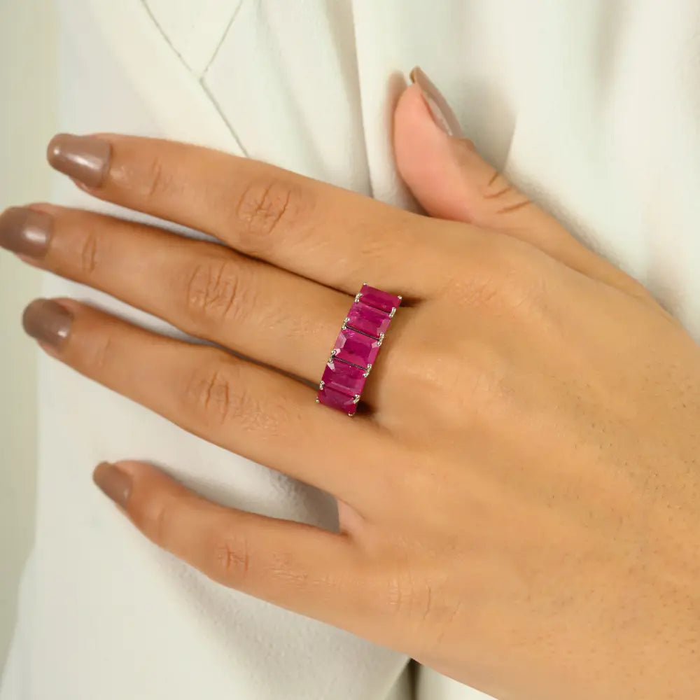 Genuine Octagon Cut Ruby Half Band Ring 14K White Gold Women Wedding Party Wear Jewelry