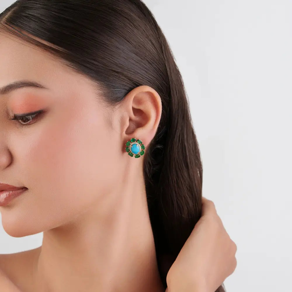 Floral Inspired Solid K14 Yellow Gold Emerald Turquoise & Diamond Statement Stud Earrings