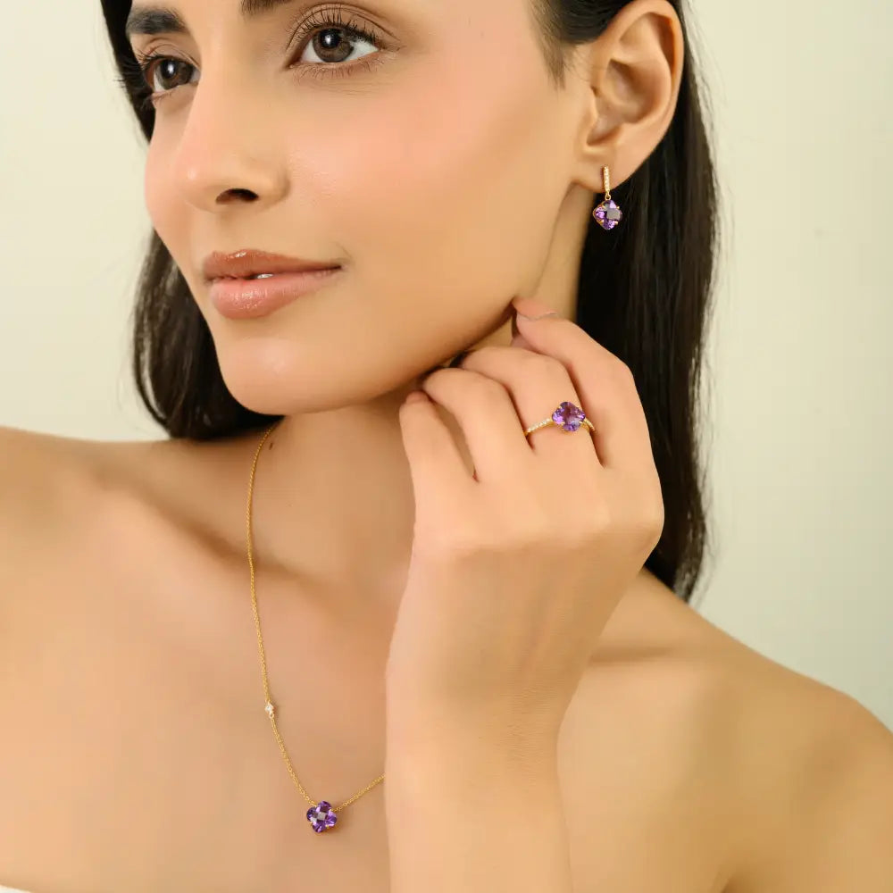 Amethyst & Diamond Four Leaf Clover Shape Drop Earrings K14 Yellow Gold Daily Wear Jewelry