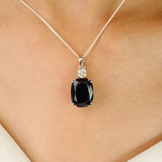 Double Prong Set Blue Sapphire & Diamond Solitaire Statement Pendant 14K Real White Gold