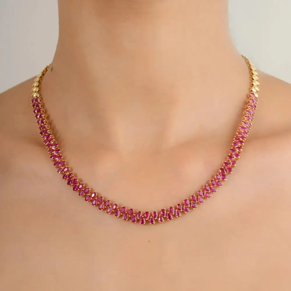 Trending Jewelry 18K Real Yellow Gold 100% Natural Ruby Tennis Necklace