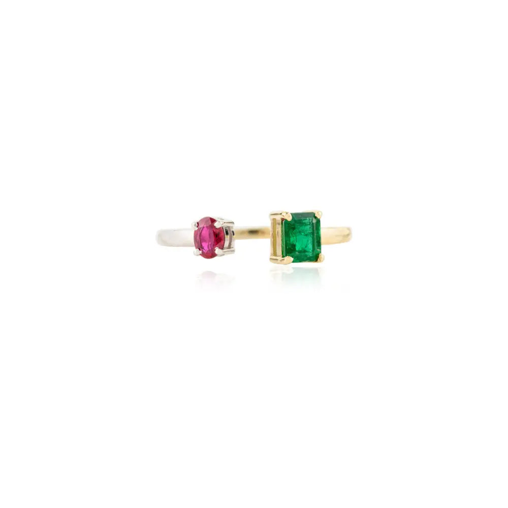 Emerald and Ruby Minimalist Two Stone 18K Authentic Gold Open Ring