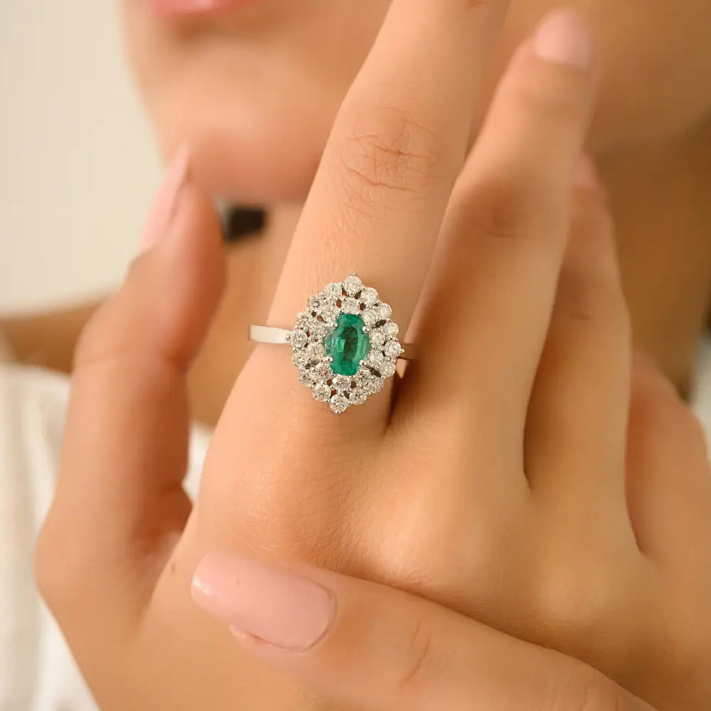 18K Solid White Gold Vintage Style Emerald & Diamond Double Cluster Ring Engagement Jewelry