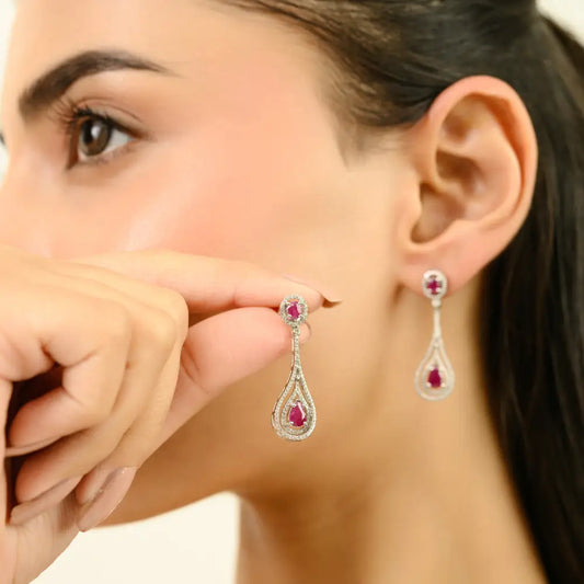 18K Real White Gold Ruby & Diamond Teardrop Dangle Earrings Valentine's Gift Jewelry