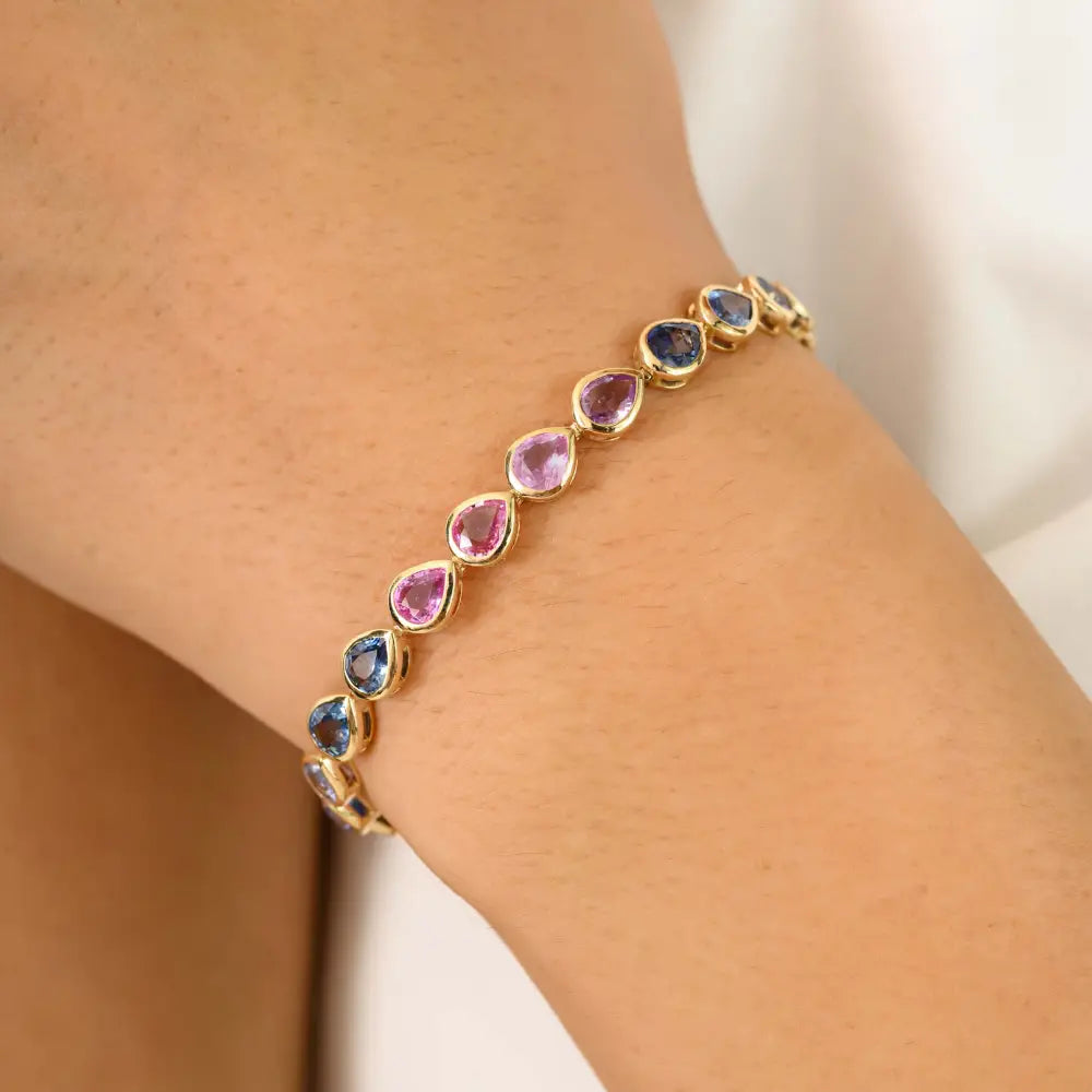 Pear Shape Multi Sapphire Trending 14K Yellow Gold Stackable Tennis Bracelet Bezel Setting