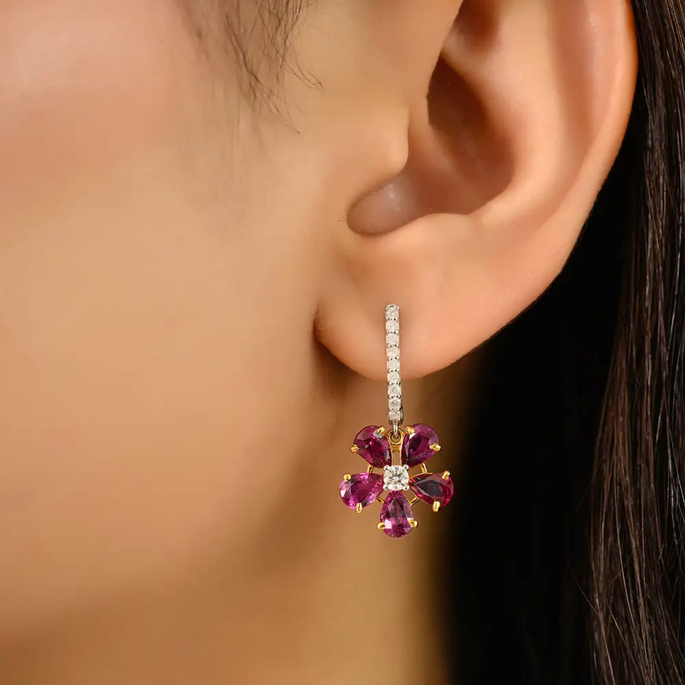 Real Ruby & Diamond Flower Design Drop Earrings 18K Solid Two Tone Gold Anniversary Gift