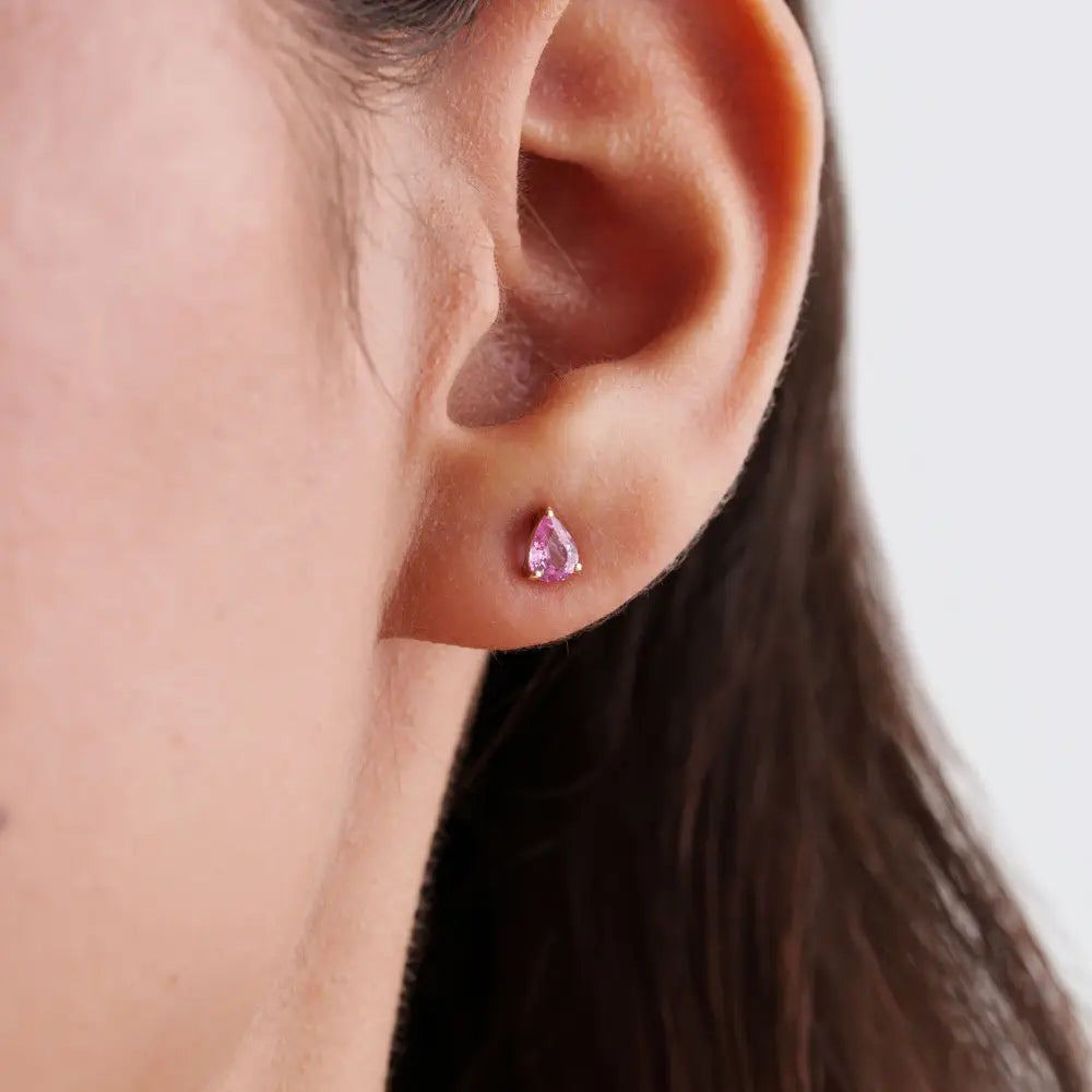 Latest Simple Design Pink Sapphire Single Stone Stud Earrings 14K Yellow Gold Fine Jewelry