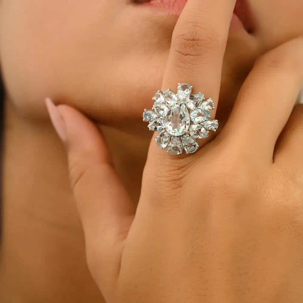 Gorgeous Aquamarine Gemstone Cocktail Ring For Women Party Wear Jewelry K14 Gold