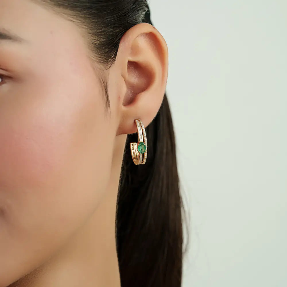 Customized Emerald & Diamond K14 Solid Yellow Gold C Shape Hoop Earrings For Women