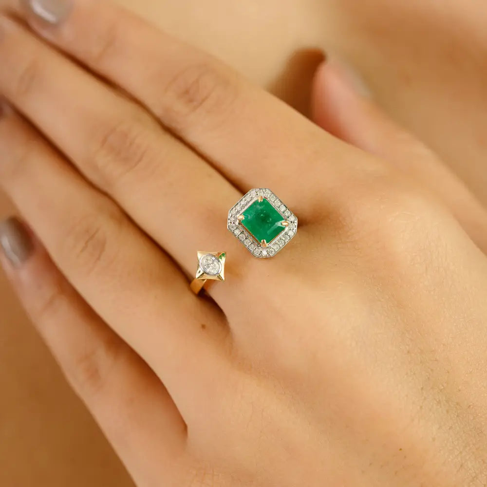 Real K18 Yellow Gold Zambian Emerald & Diamond Halo Open Ring Unique Design Jewelry