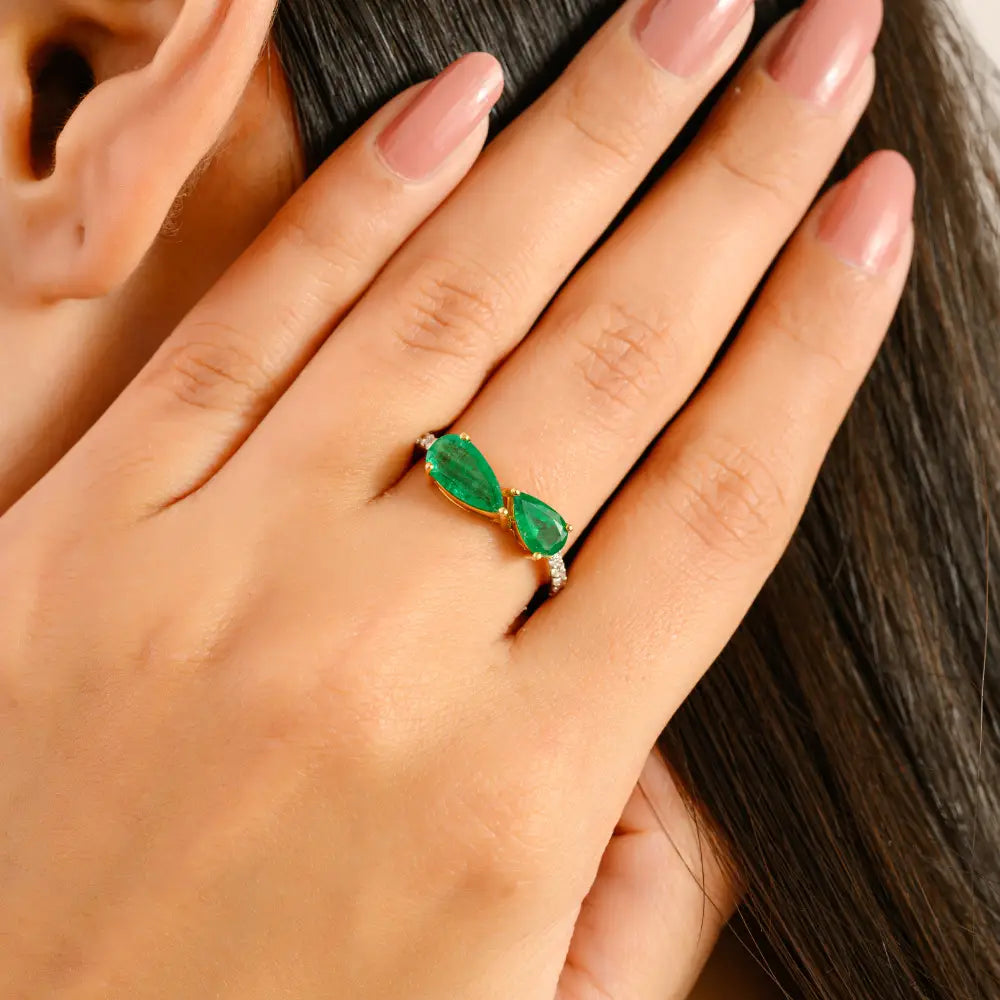 New Design Natural Emerald & Diamond Real 14K Yellow Gold Stackable Gemstone Ring