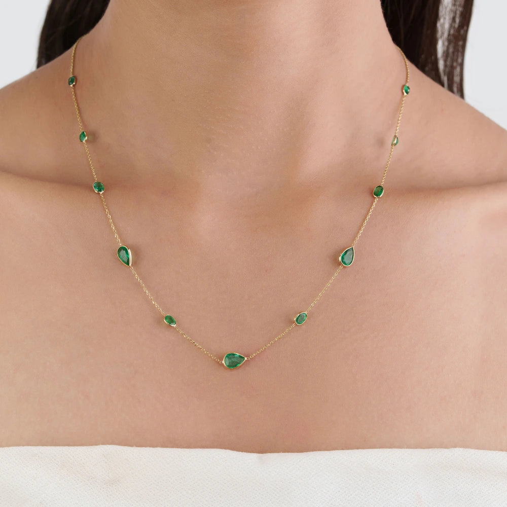 Bezel Set Emerald Gemstone Station Chain Necklace 14K Real Yellow Gold Stacking Jewelry Manufacturer