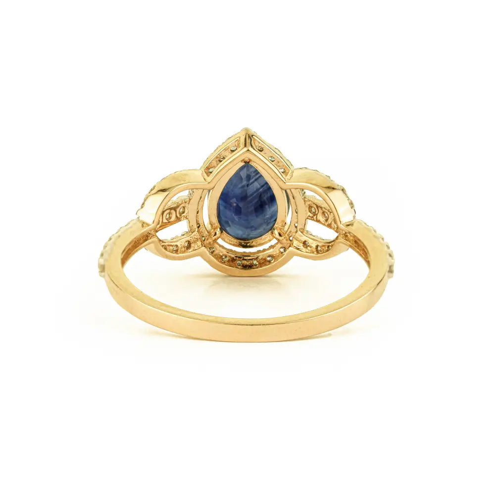 Pear Shape Blue Sapphire & Round Cut Diamond K14 Yellow Gold Statement Ring Newly Jewelry