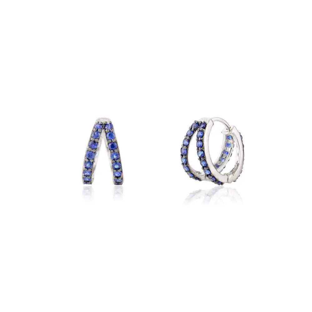 September Birthstone Natural Blue Sapphire Solid 14K White Gold Hoop Earrings