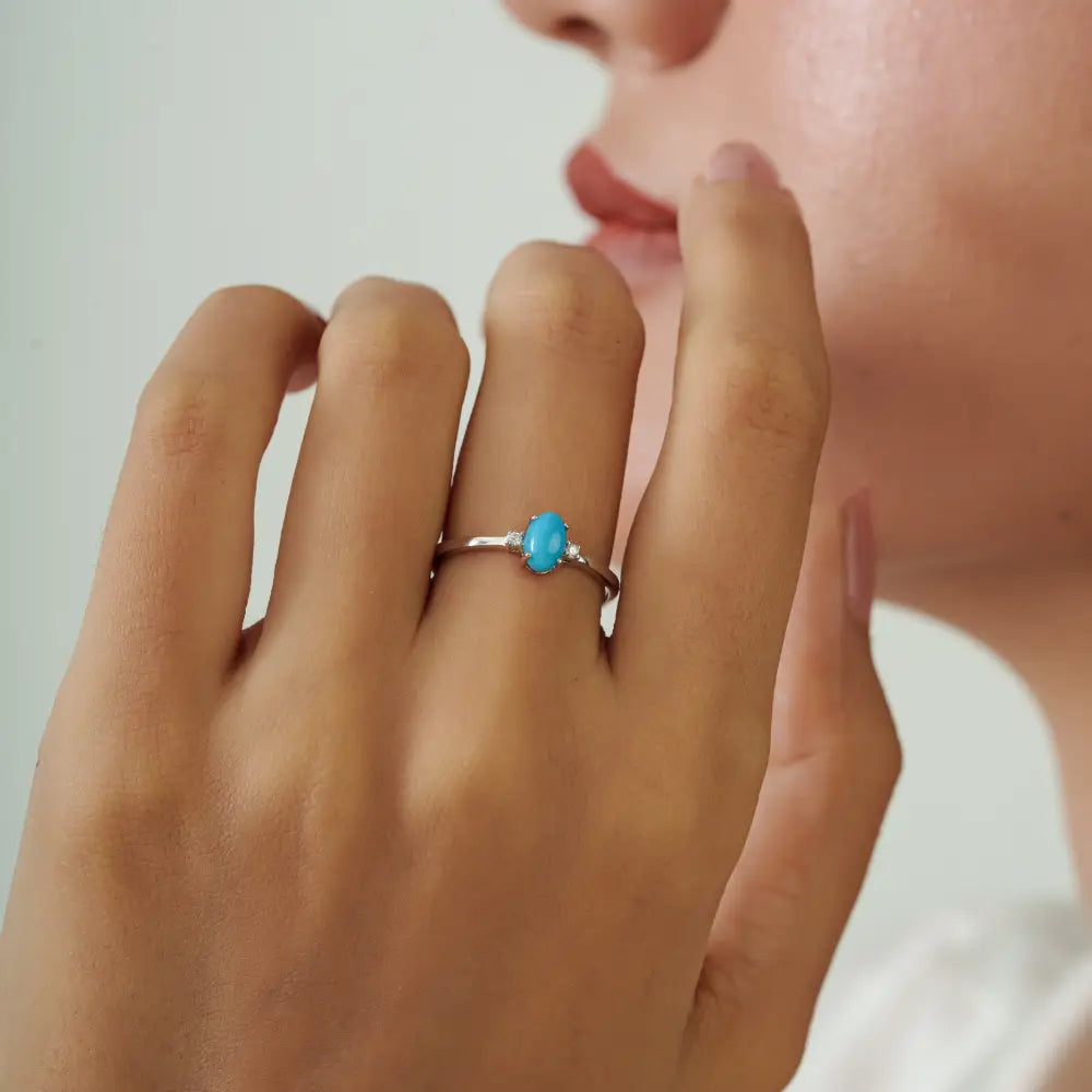 Minimal Cabochon Cut Turquoise & Diamond 14K Solid White Gold Gemstone Ring Daily Wear