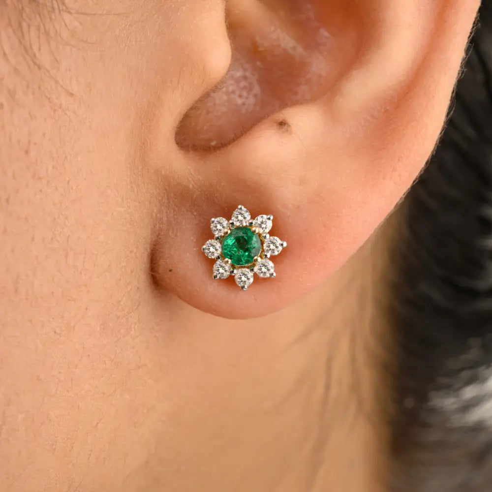 K14 Solid Yellow Gold Emerald & Diamond Flower Stud Earrings Minimal Jewelry