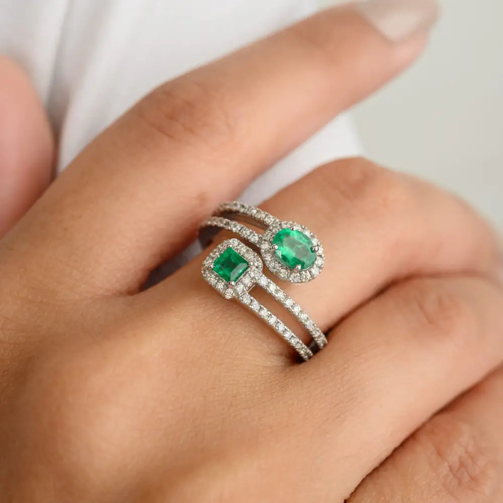 Jewelry Manufacturer Natural Emerald & Diamond 18K White Gold Bypass Ring