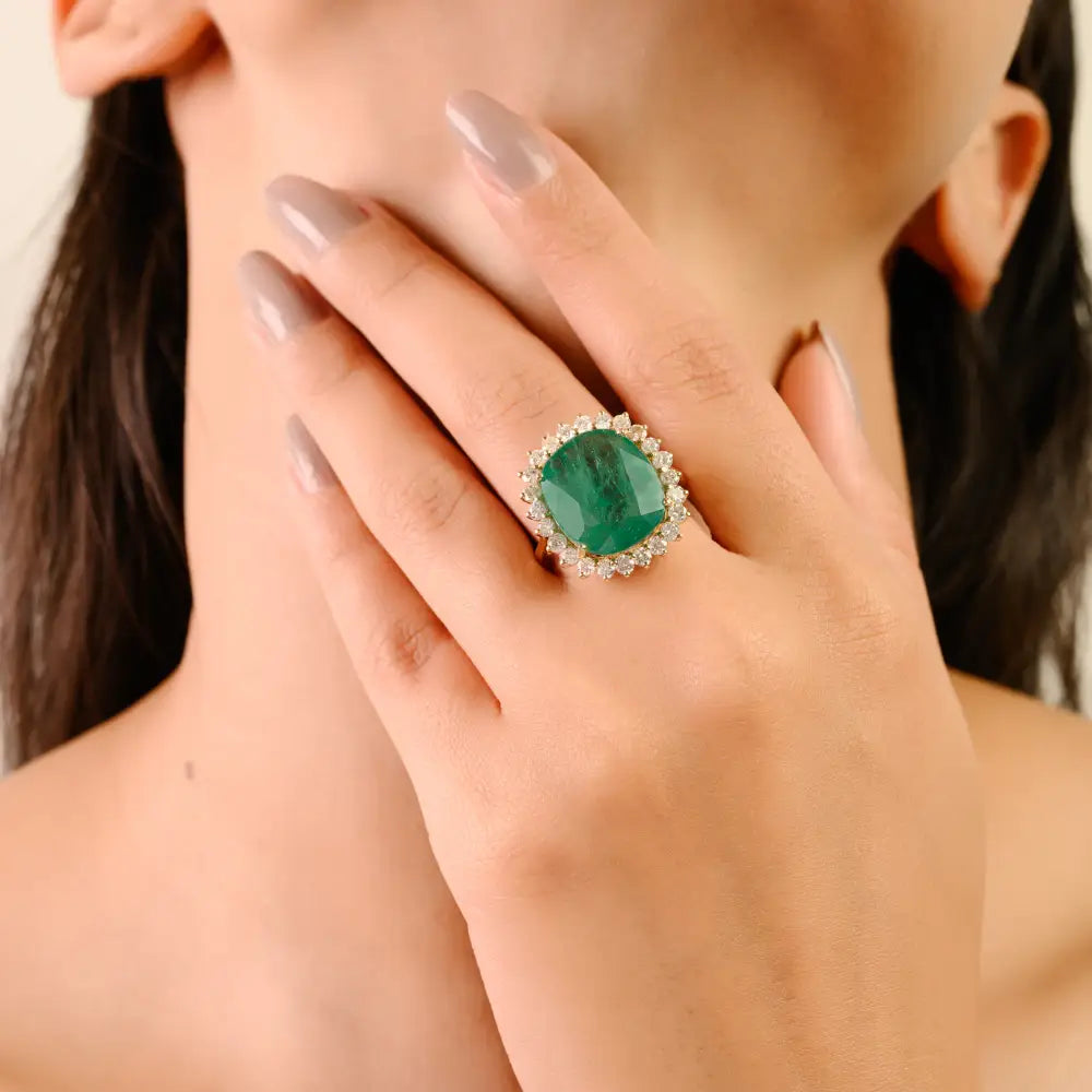 100% Natural Cushion Cut Emerald & Diamond K14 Yellow Gold Halo Cluster Ring Trending Jewelry