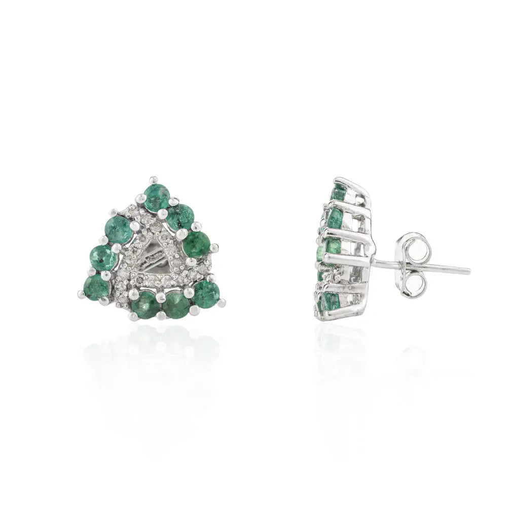 Pure 925 Sterling Silver Real Emerald & American Diamond Trillion Shape Stud Earrings For Weddings