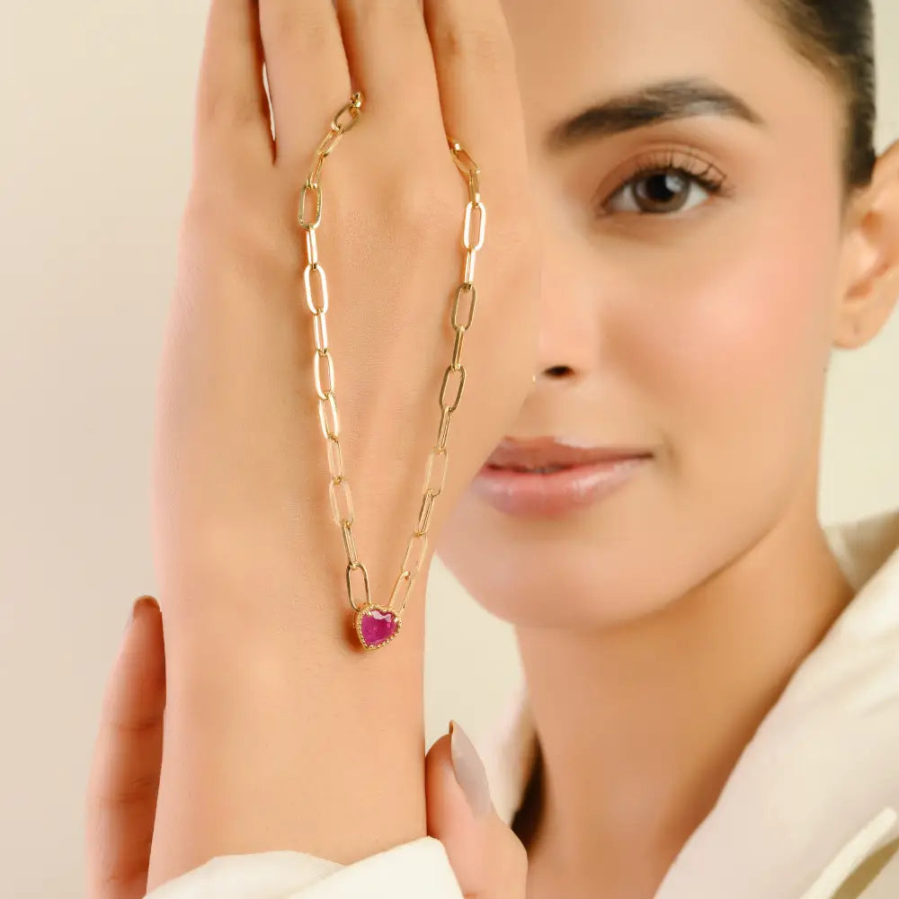 Trending Product Heart Shape Ruby Paperclip Chain Pendant Necklace 18K Gold Valentine's Gift