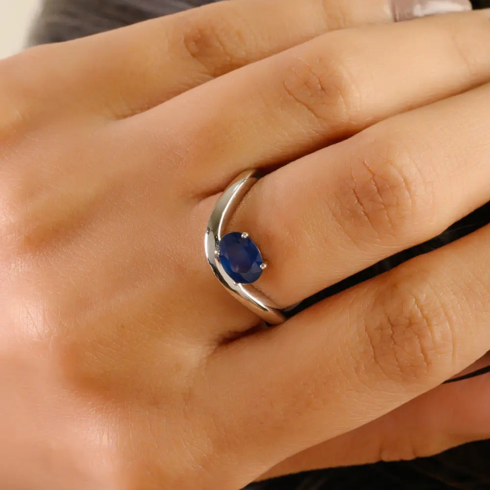 Customized Wholesale Blue Sapphire Wavy Band Ring 14K Solid White Gold Everyday Jewelry