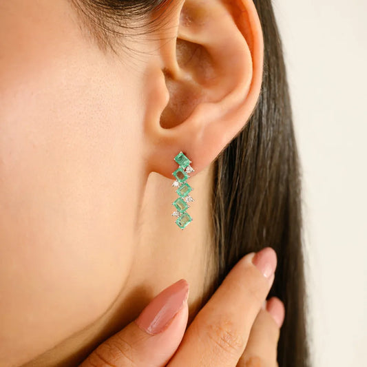 Octagon Emerald & Round Cut Diamond Zig Zag Earrings Solid 14K White Gold Women Jewelry
