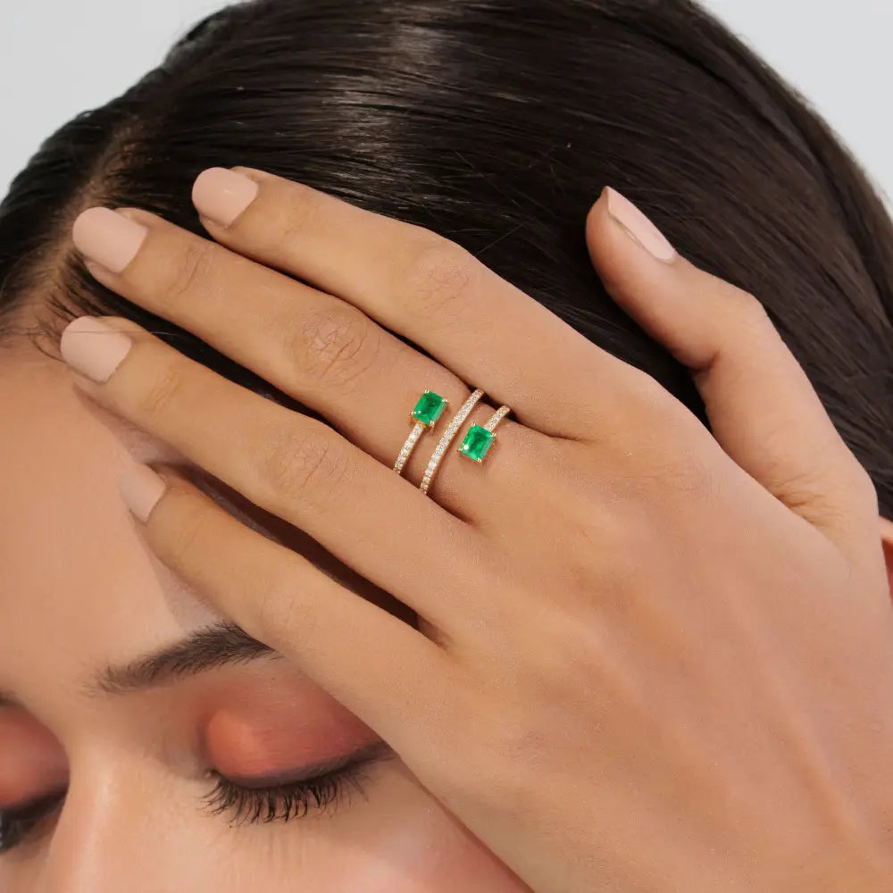 Precious Gemstone Emerald & Diamond Wrap Spiral Ring Statement 14K Yellow Gold Jewelry