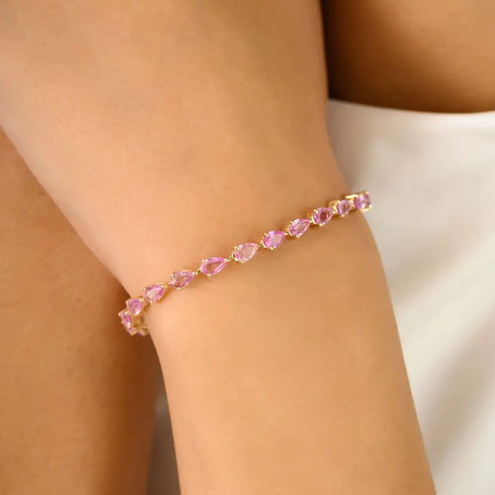 Simple Design Pink Sapphire K14 Yellow Gold Box Lock Tennis Bracelet Gemstone Jewelry