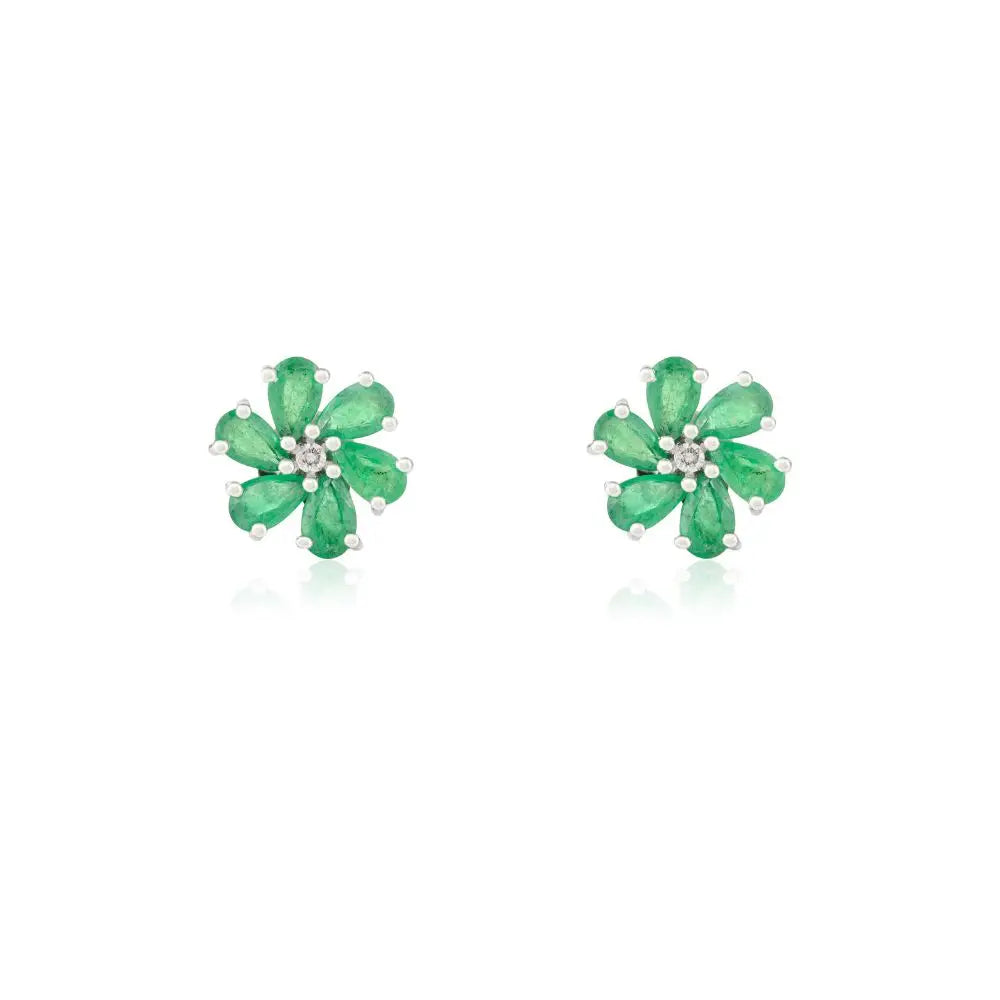 Everyday Jewelry Pear Cut Emerald & Diamond White Gold Flower Stud Earrings