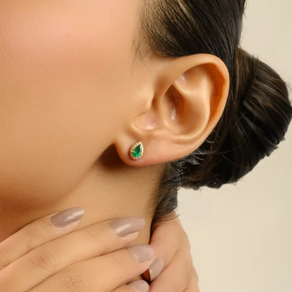 Dainty Daily Wear Emerald & Diamond Halo Stud Earrings Solid K14 Yellow Gold Gift For Her